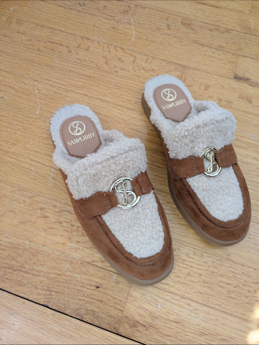 Sam & Libby Women's Tan Suede Shearling Mule Loafers